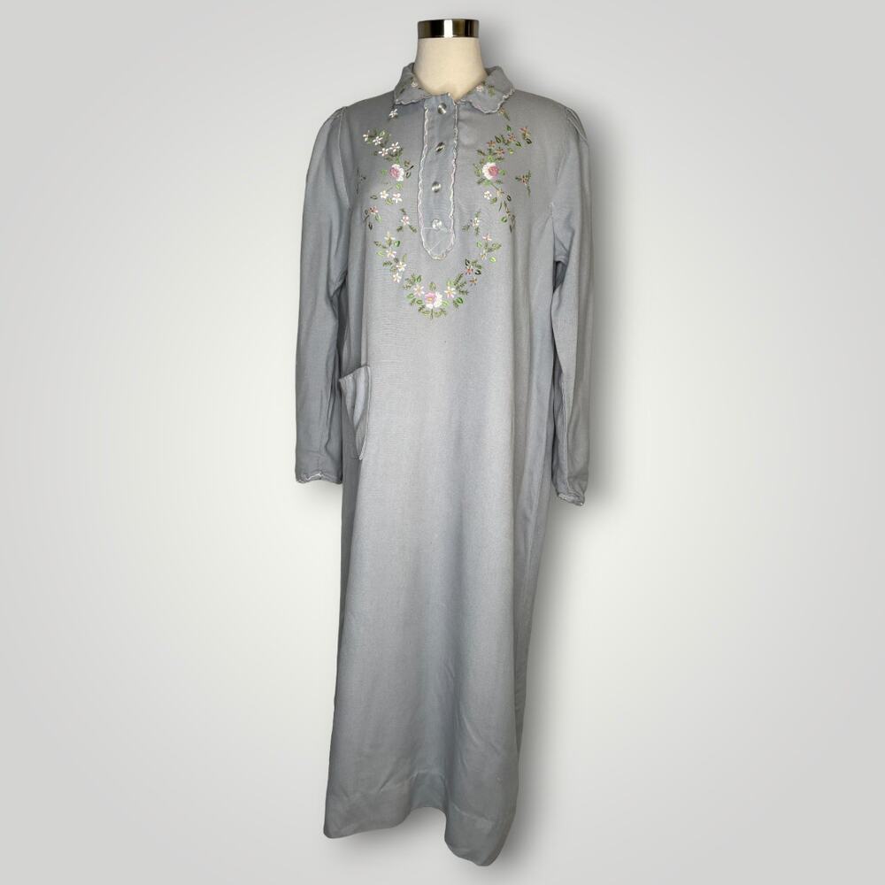Vintage Gray Embroidered Handmade Nightgown 1960s House Dress Floral